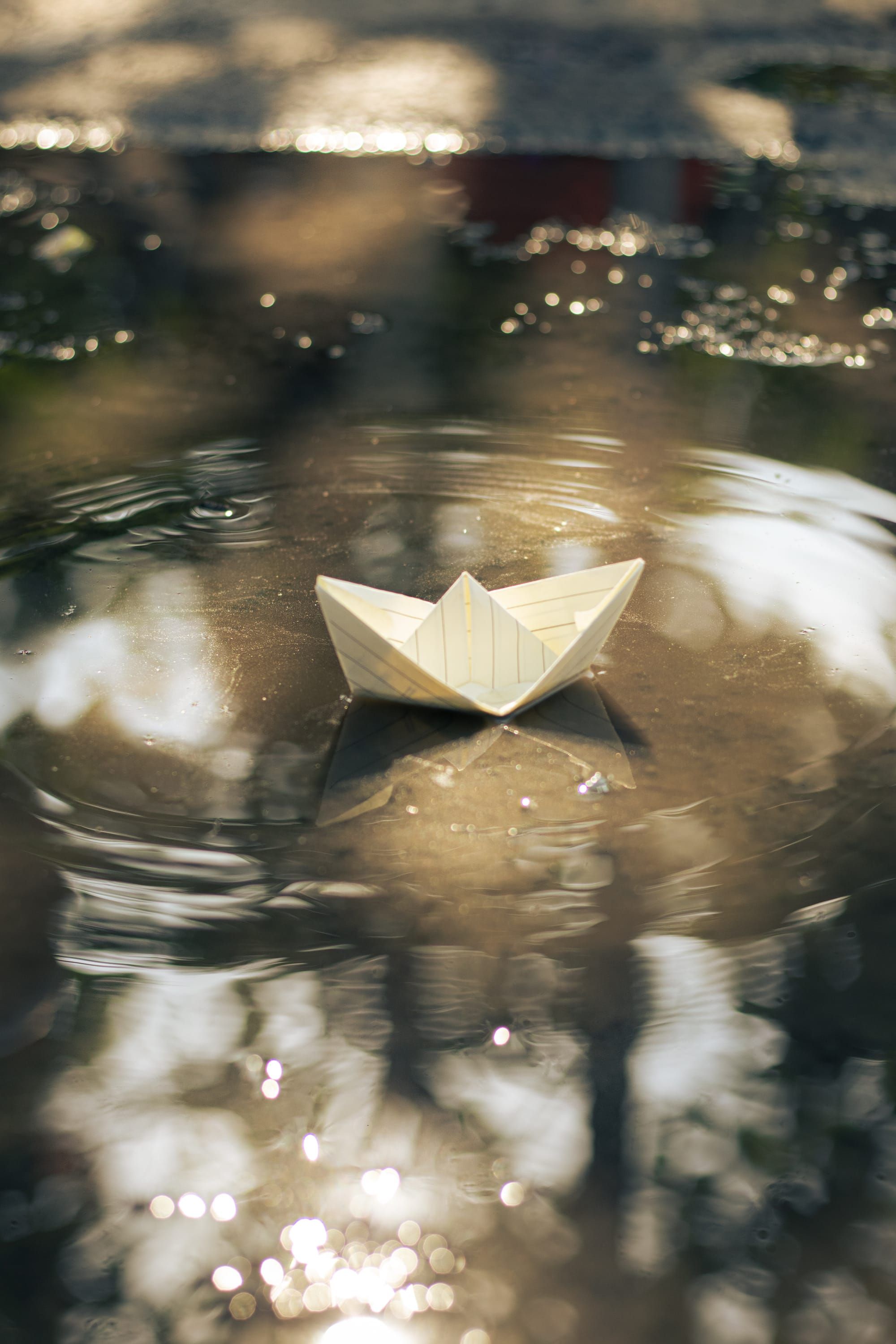 A paper boat floating alone in a sunlit puddle