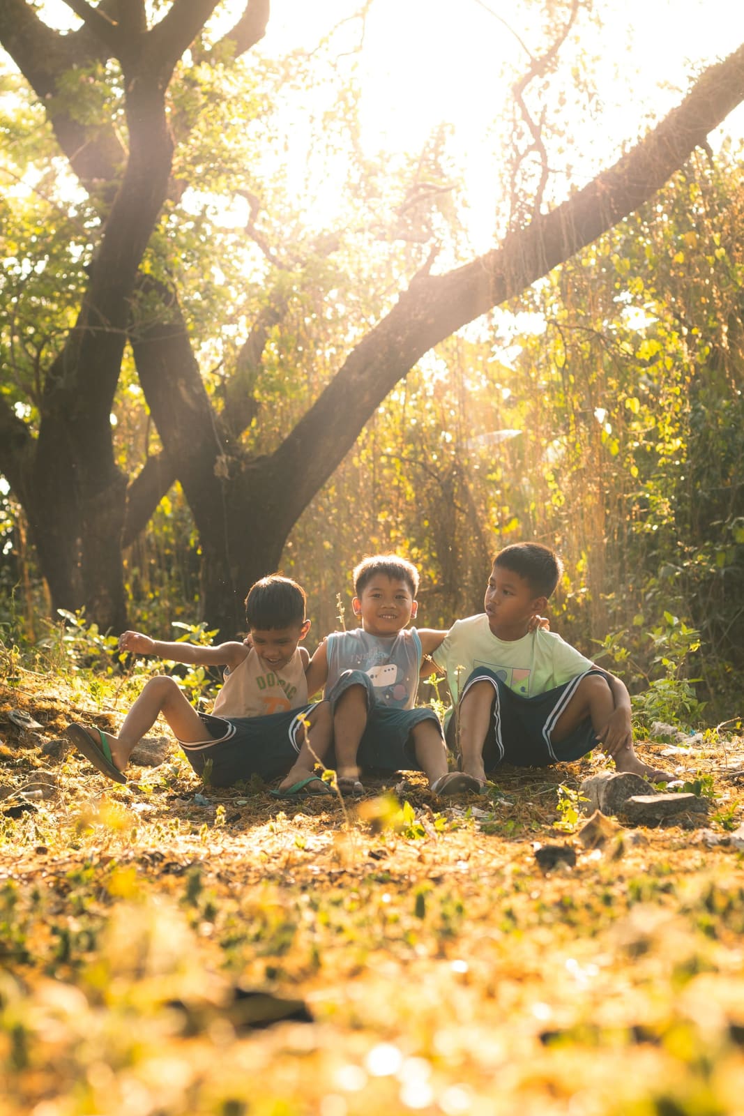 Three friends laughing under golden trees